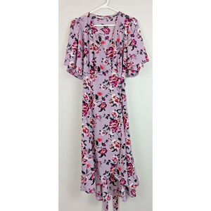 Studio B by Bobeau sz M Wrap Dress purple floral Midi to Maxi ties lined ss 3139